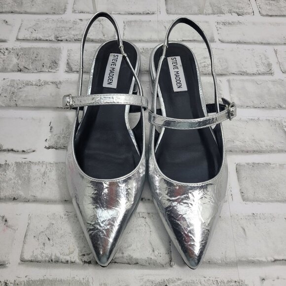 Pristine Steve Madden Anyaa Crinkle Silver Sling Back Pointed Toe Flats Size 8.5 - Picture 5 of 6